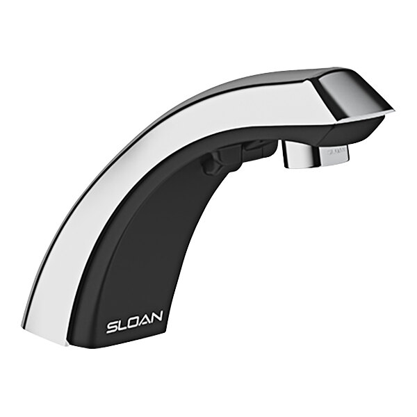 A black and silver Sloan Optima hardwired deck mount sensor faucet with chrome trim.
