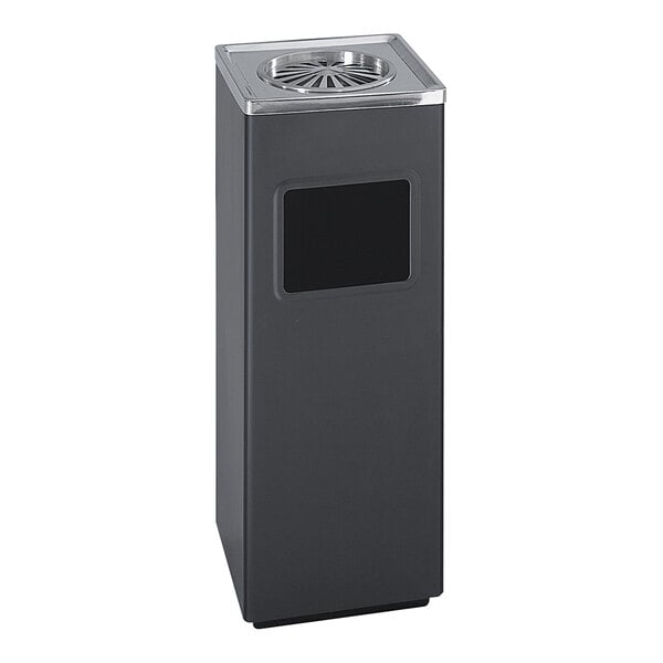 A rectangular black ash and trash receptacle with a black screen lid.