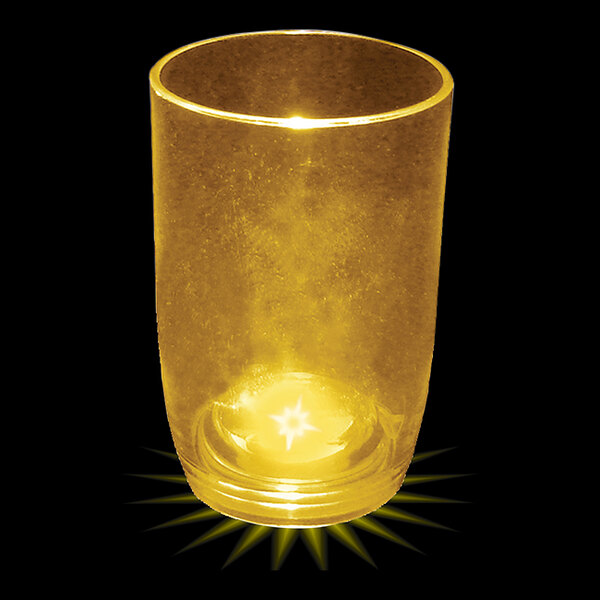 A customizable plastic stemless wine cup with a yellow LED light inside.