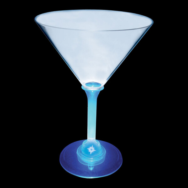 A clear plastic martini glass with a blue stem and blue LED light.