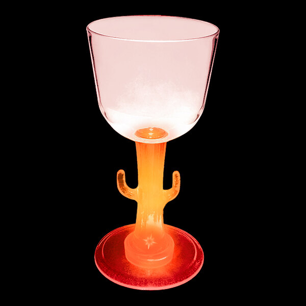 A customizable plastic wine cup with a cactus shaped stem and a red LED light.