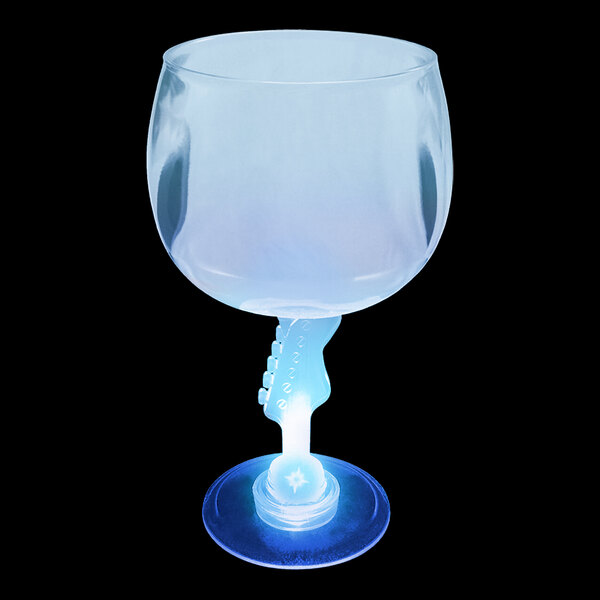 A close-up of a 12 oz. plastic guitar stem goblet with a blue LED light on it.
