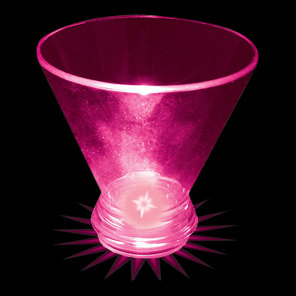 A pink plastic stemless martini cup with a pink LED light inside.