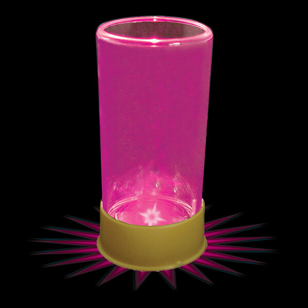 A pink plastic shotgun shell shot cup with a pink LED light inside.