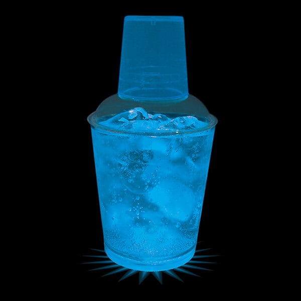 A customizable blue plastic cocktail shaker with ice water inside.