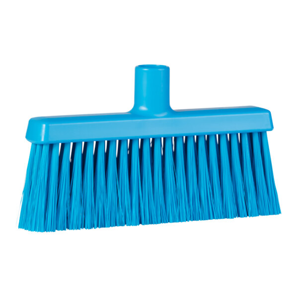 A blue broom head with long bristles.