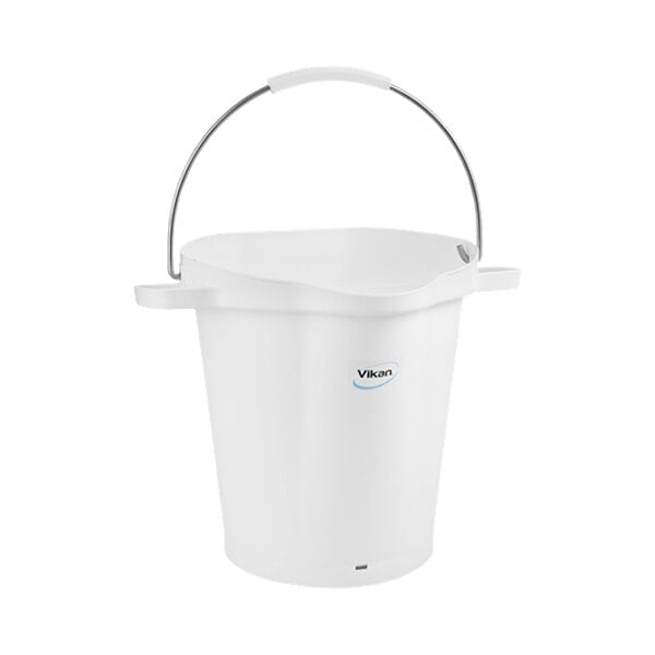 A white Vikan hygiene bucket with a handle.