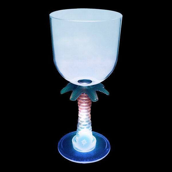 A close-up of a customizable plastic palm tree stem goblet with a blue LED light and palm tree design.