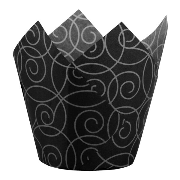 A black and white swirly tulip baking cup.