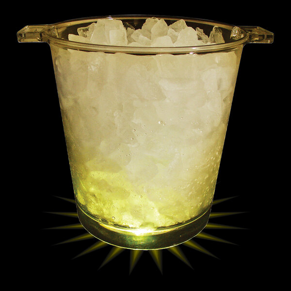 A clear plastic ice bucket with yellow LED lights and ice inside.