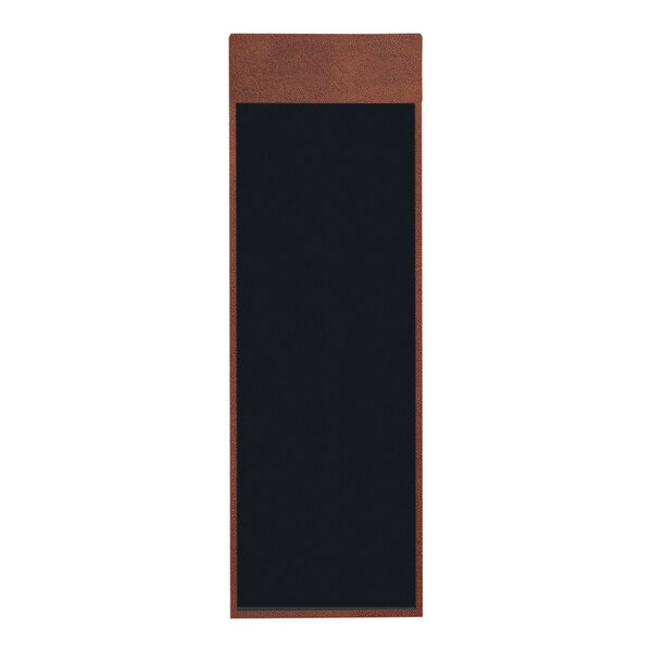 A rectangular black menu board with a brown leather edge.