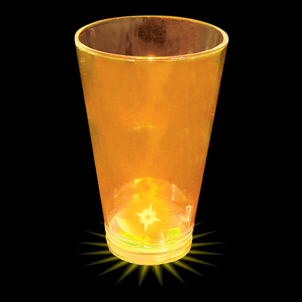 A customizable plastic shot cup with a yellow LED light inside.