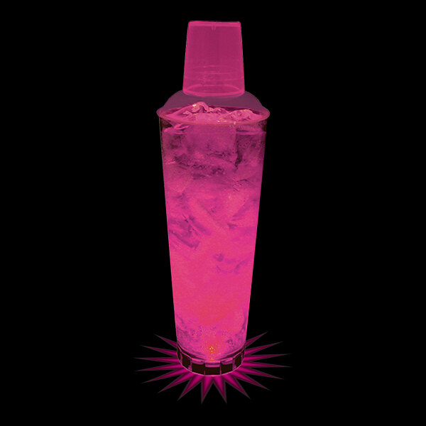 A customizable pink plastic cocktail shaker with ice water.