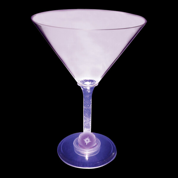 A customizable plastic martini glass with a purple LED light.