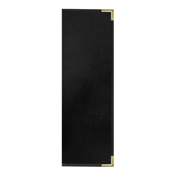 A black leather menu cover with gold corners and a white interior stripe.