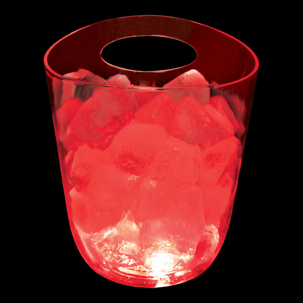 A customizable plastic champagne bucket with red LED lights and ice inside.