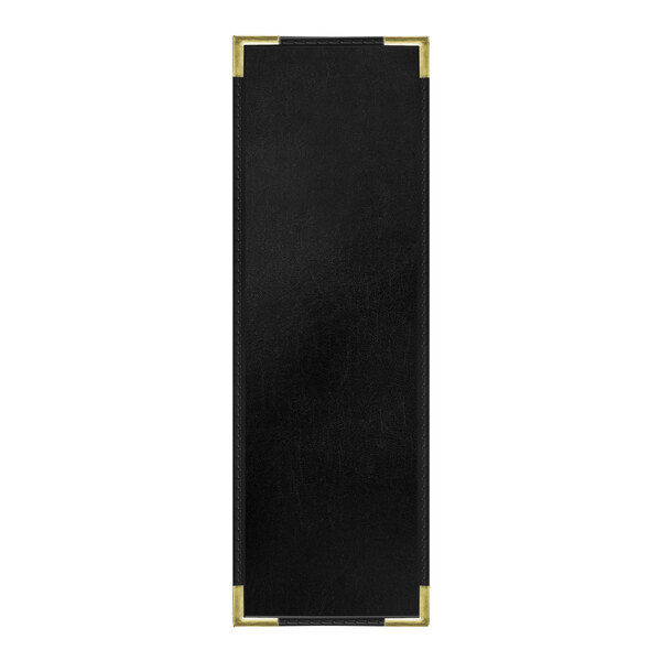 A black rectangular H. Risch, Inc. Tuxedo leather menu cover with gold corners and stitching.
