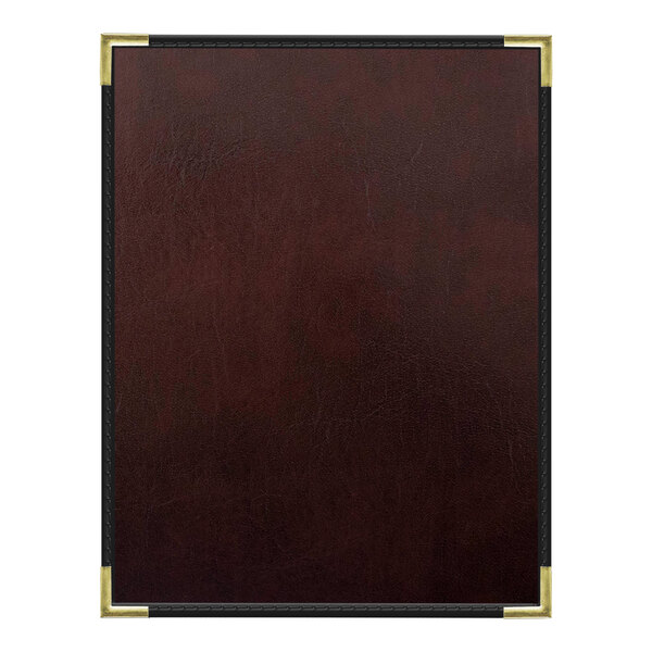 A customizable brown leather menu cover with black trim and an interior pocket.