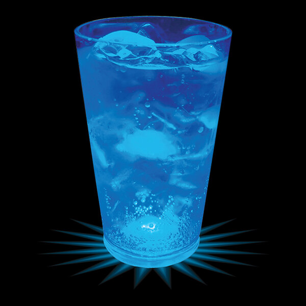 A customizable plastic pint cup with blue LED lights filled with blue liquid and ice.