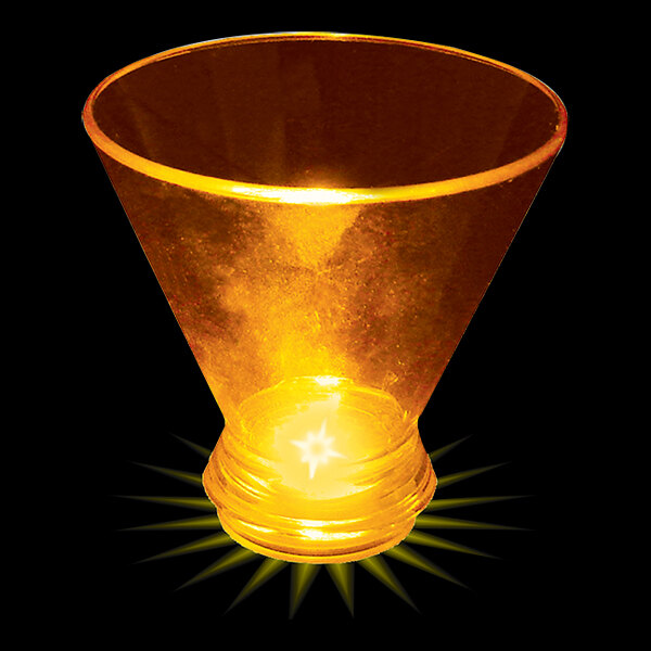 A customizable plastic stemless martini cup with a yellow LED light inside.