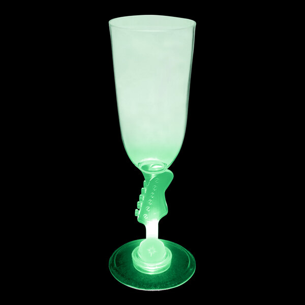 A 7 oz green plastic champagne cup with a guitar stem and green LED light.