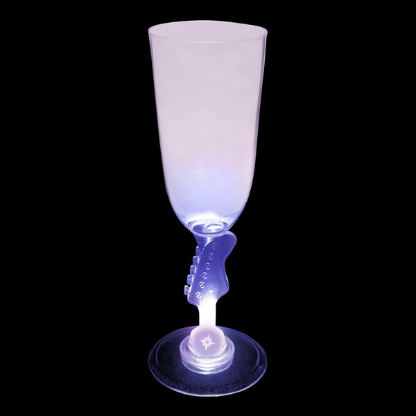 A close-up of a 7 oz. plastic champagne glass with a purple LED light on the stem.