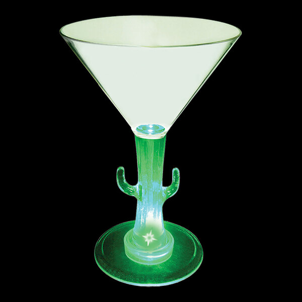 A 7 oz. plastic martini glass with a cactus shaped stem and a green LED light.