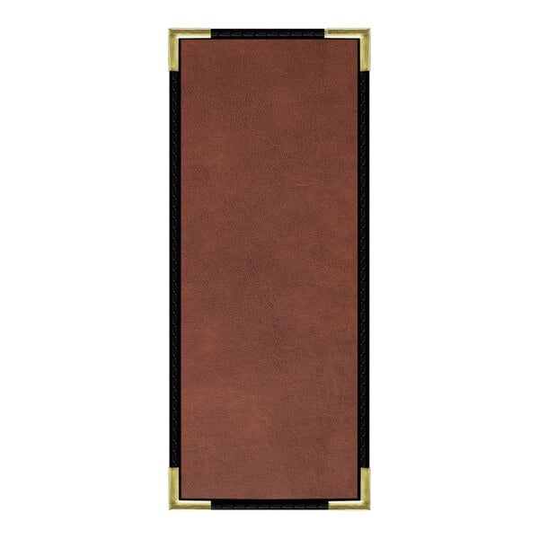 A rectangular brown leather menu cover with black trim.