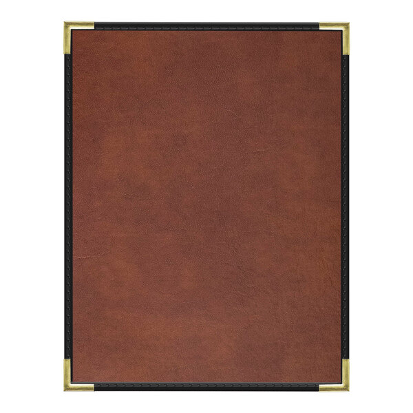 A brown leather menu cover with a black border.