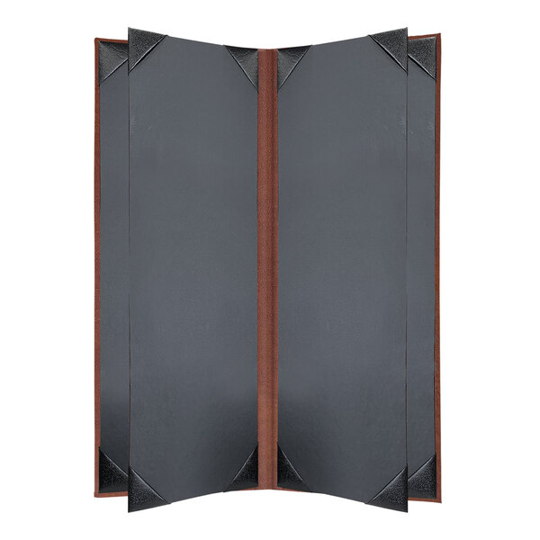 A brown and black H. Risch, Inc. Tuxedo Leather menu cover with picture corners open on two pages.