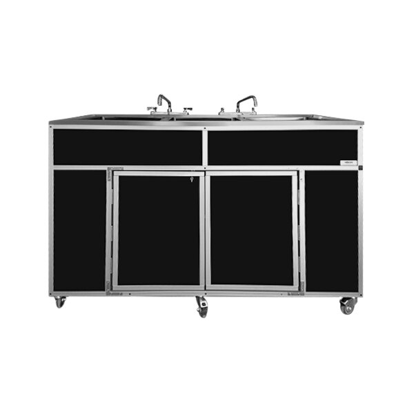 A black and silver Monsam portable sink with three deep basins on a kitchen cart.