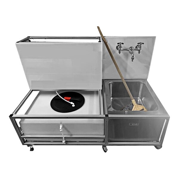 A white and silver Monsam portable self-contained mop sink with a broom in it.