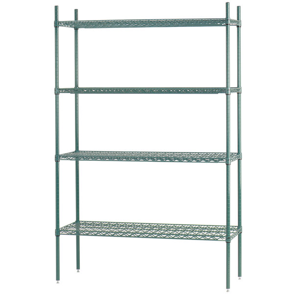 An Advance Tabco green epoxy coated wire shelving unit with four shelves.