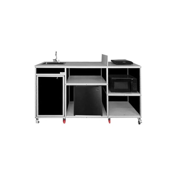 A black Monsam portable kitchen with a self-contained sink and white countertop.