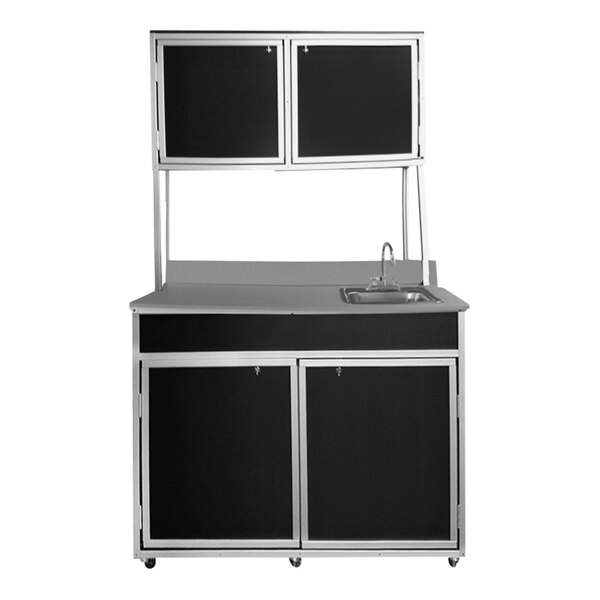 A black and silver Monsam two-level portable medical cabinet with a sink.