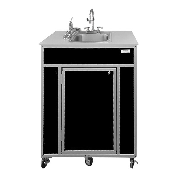 A black Monsam portable eye and face washing station on wheels.