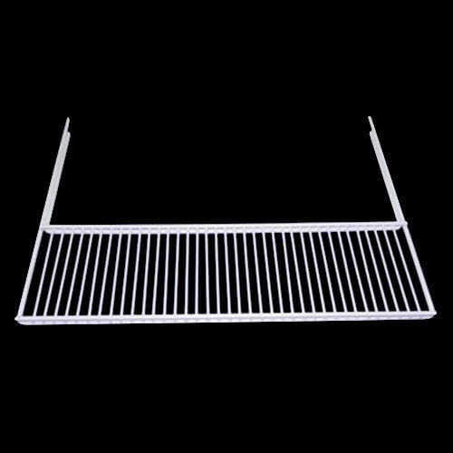 A white metal shelf with wire bars.