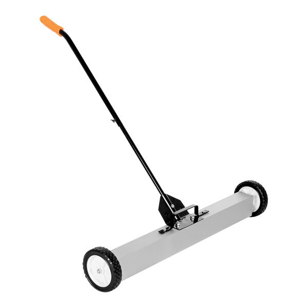 A long metal push sweeper with wheels and a handle.