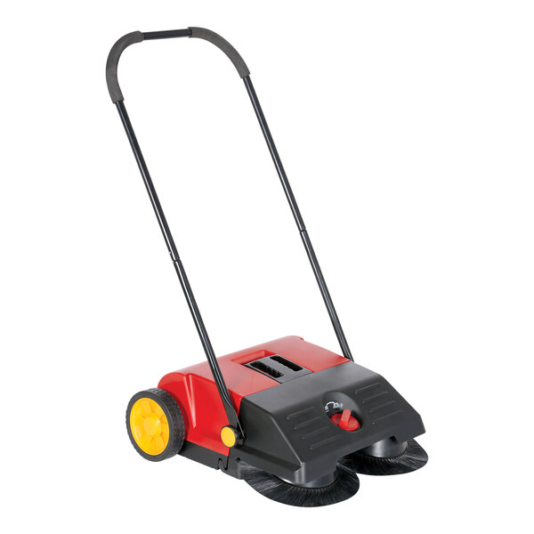 A red and black Vestil gear-driven manual brush sweeper with wheels.