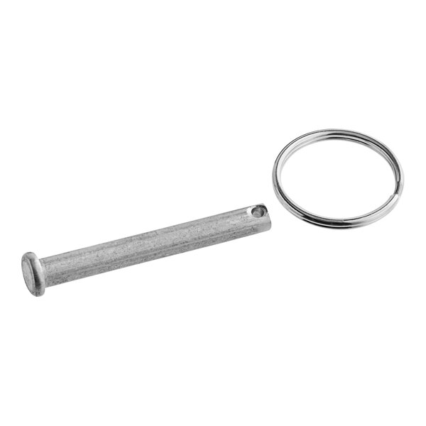 A metal bar with a metal bolt and key ring.
