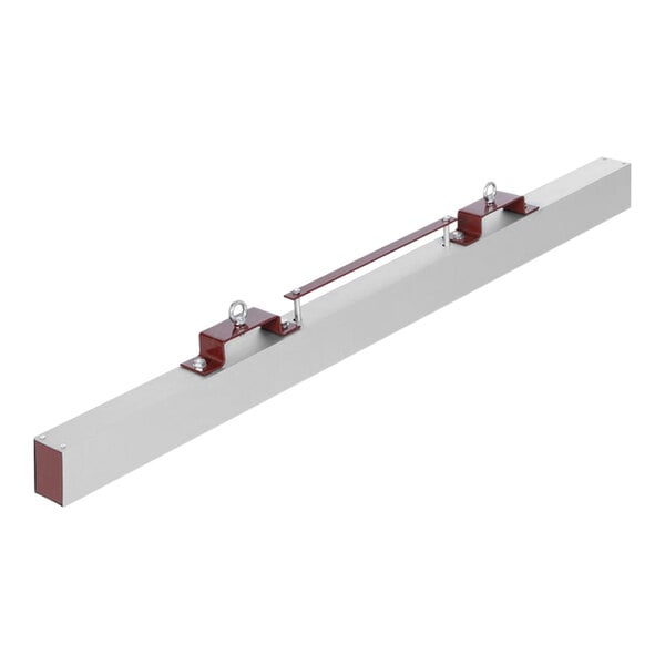 A long rectangular metal bar with red metal parts on the ends.