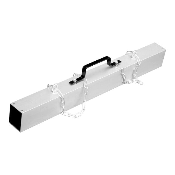 A long rectangular metal box with chains attached to it.