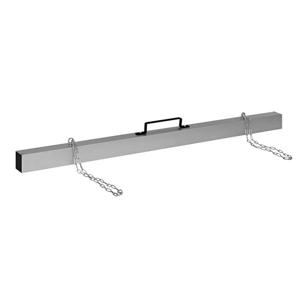A rectangular metal bar with a black handle and chains attached.