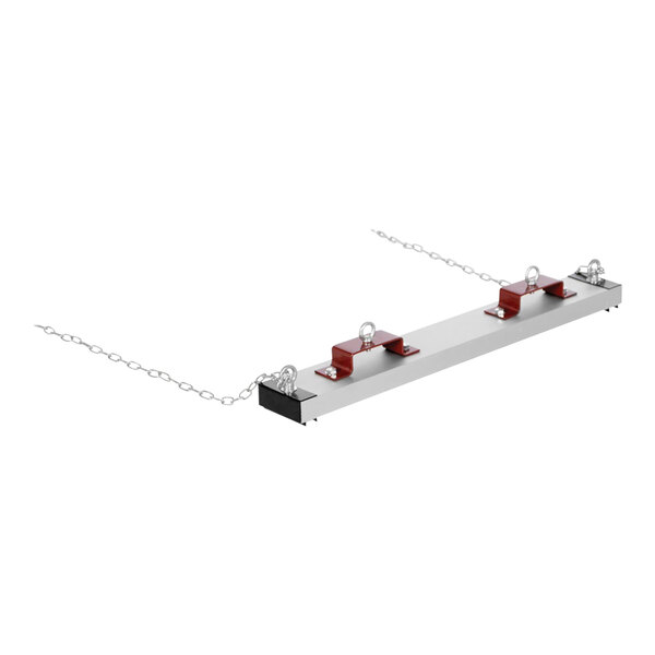 A Vestil heavy-duty steel bar with red and silver magnets attached to chains.