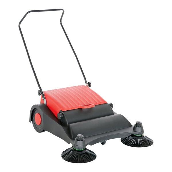 A red and black Vestil belt-driven manual brush sweeper with two wheels.