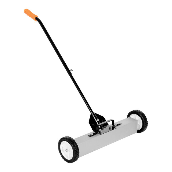 An aluminum hand push sweeper with a long handle.