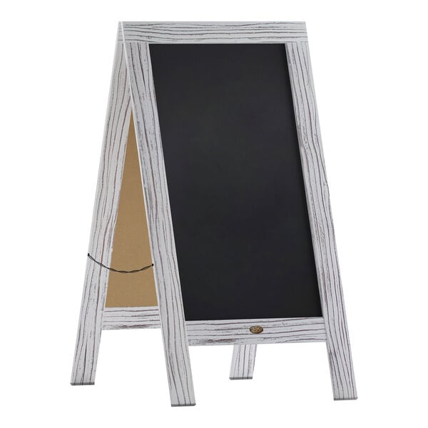 A Flash Furniture vintage whitewashed wood A-frame chalkboard with a black board.