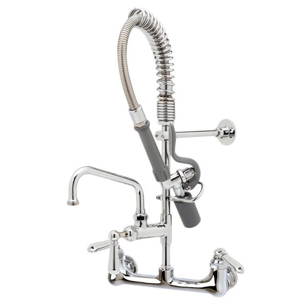 A T&S chrome wall mounted pre-rinse faucet with club handles and a hose.