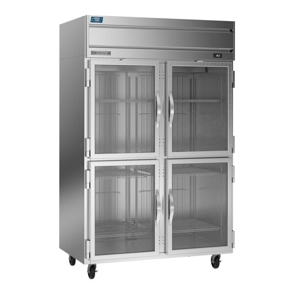 A Beverage-Air stainless steel refrigerator with glass doors.