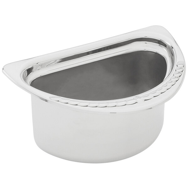 A Vollrath stainless steel half oval food pan with a handle.